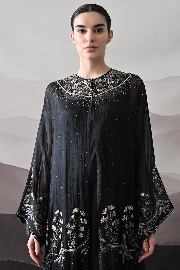 Black Kaftan With Handcrafted Borders And Soft Fringe Detailing