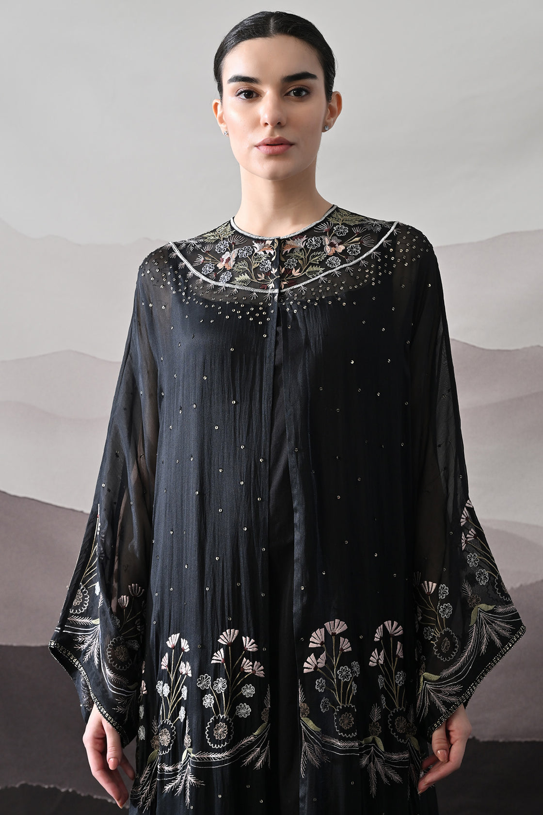 Black Kaftan With Handcrafted Borders And Soft Fringe Detailing