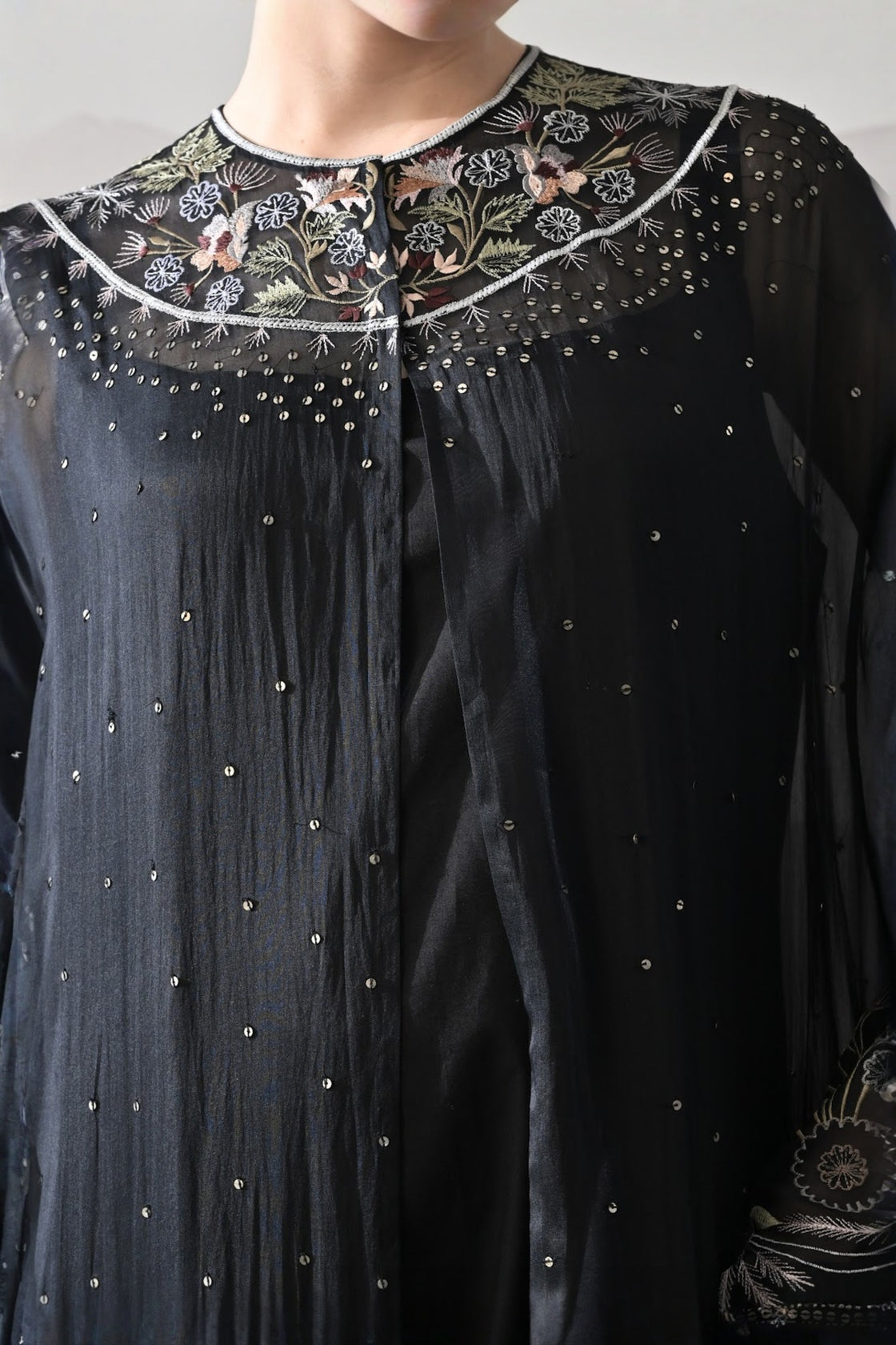 Black Kaftan With Handcrafted Borders And Soft Fringe Detailing