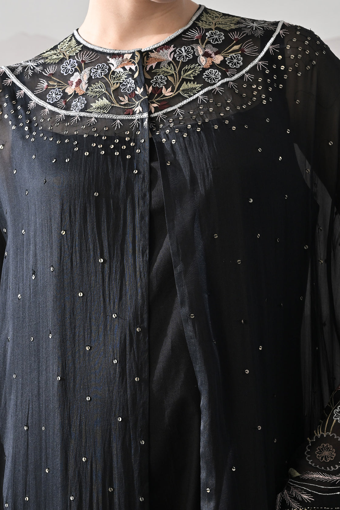 Black Kaftan With Handcrafted Borders And Soft Fringe Detailing