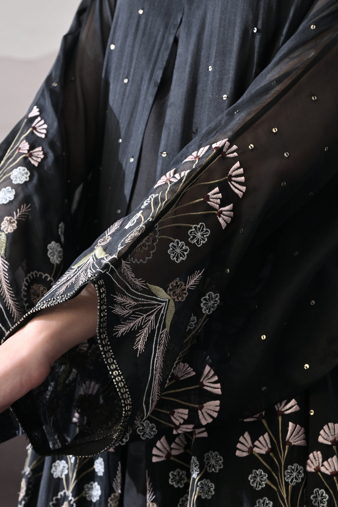 Black Kaftan with Handcrafted Borders and Soft Fringe Detailing