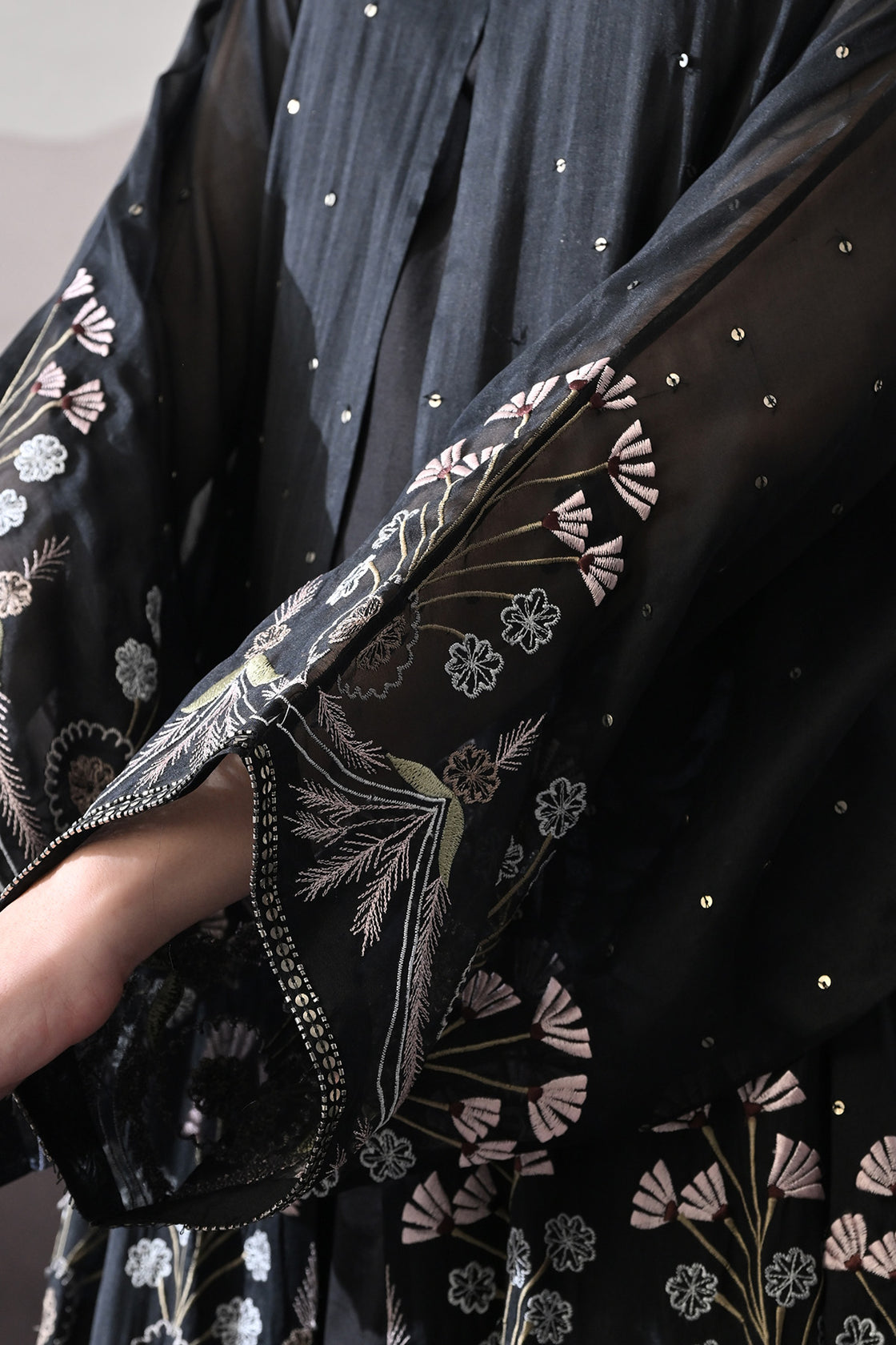Black Kaftan With Handcrafted Borders And Soft Fringe Detailing
