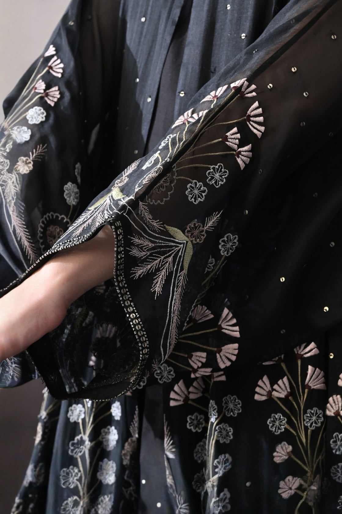 Black Kaftan With Handcrafted Borders And Soft Fringe Detailing