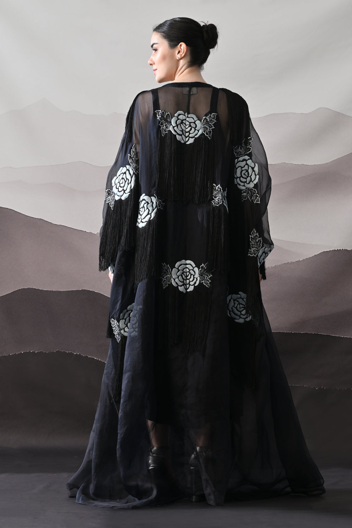 Black Kaftan with Hand-Embroidered Floral Motifs