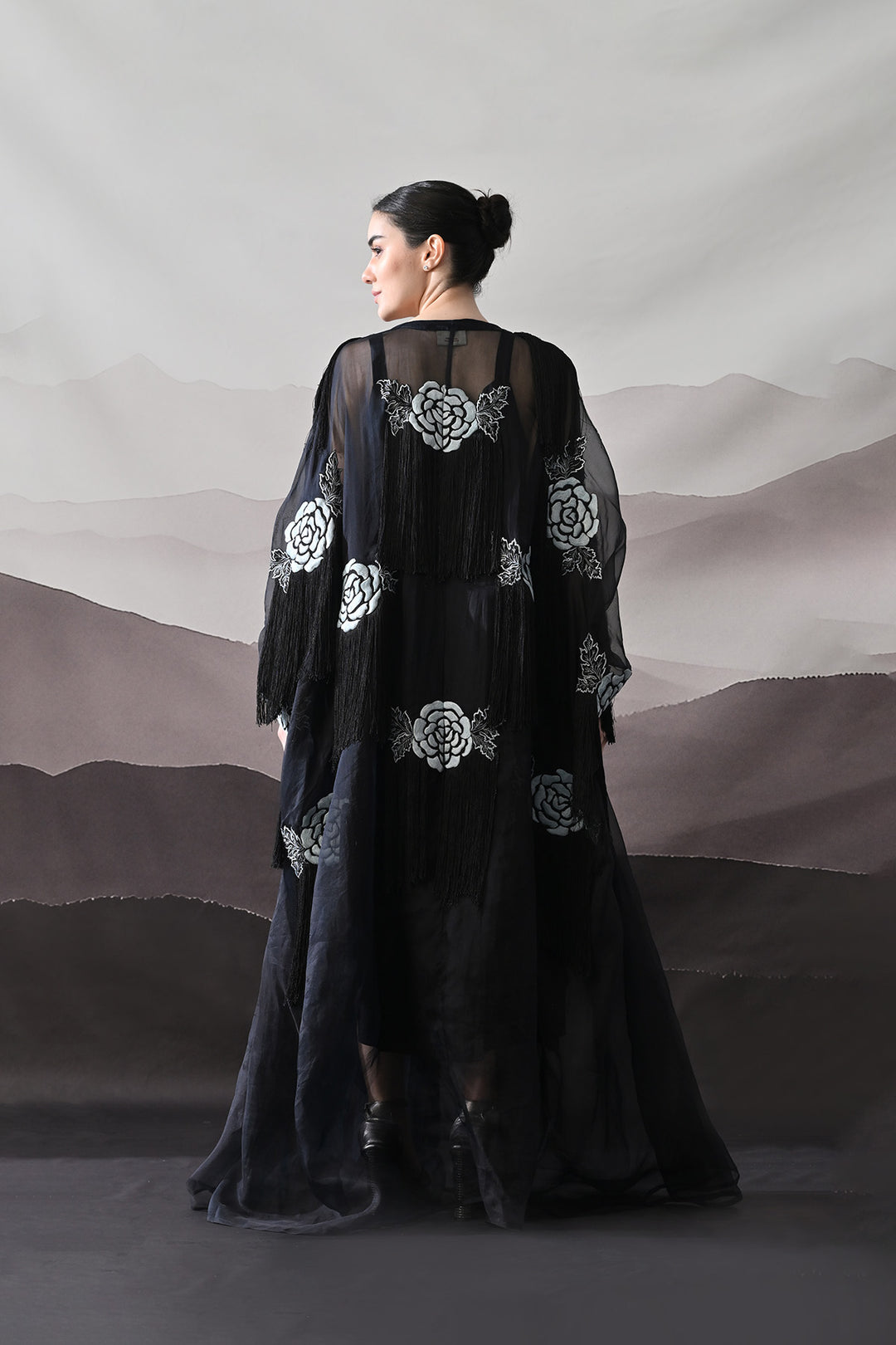 Black Kaftan With Hand-Embroidered Floral Motifs