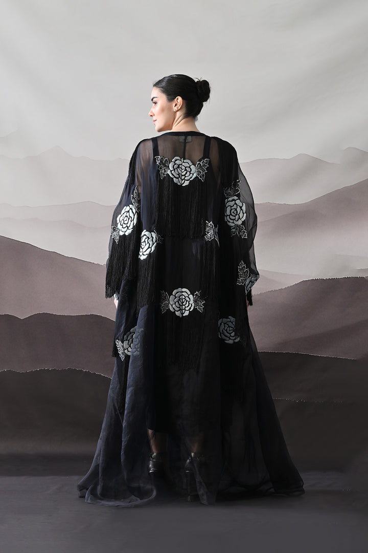 Black Kaftan With Hand-Embroidered Floral Motifs