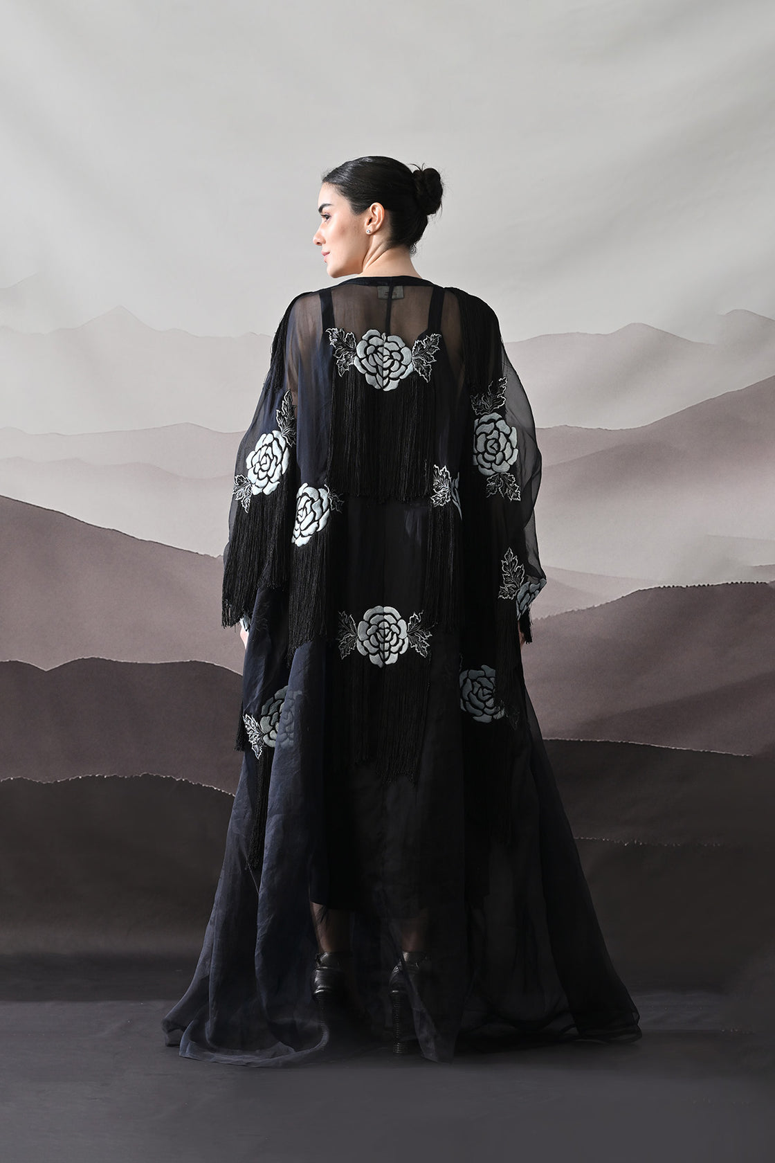 Black Kaftan With Hand-Embroidered Floral Motifs