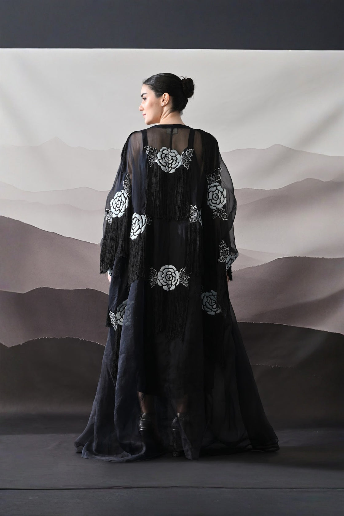 Black Kaftan With Hand-Embroidered Floral Motifs