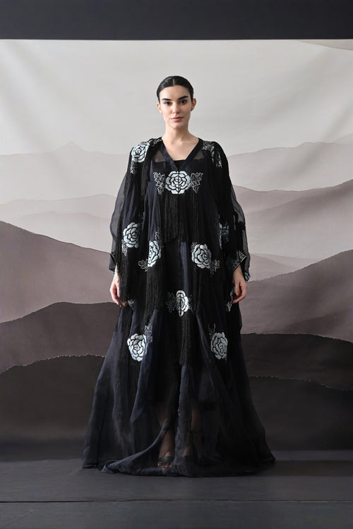Black Kaftan With Hand-Embroidered Floral Motifs