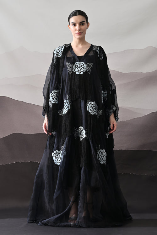 Black Kaftan with Hand-Embroidered Floral Motifs