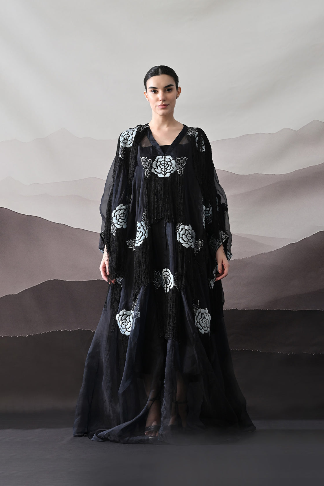 Black Kaftan With Hand-Embroidered Floral Motifs