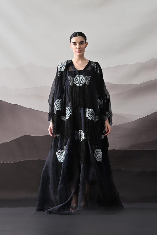Black Kaftan With Hand-Embroidered Floral Motifs