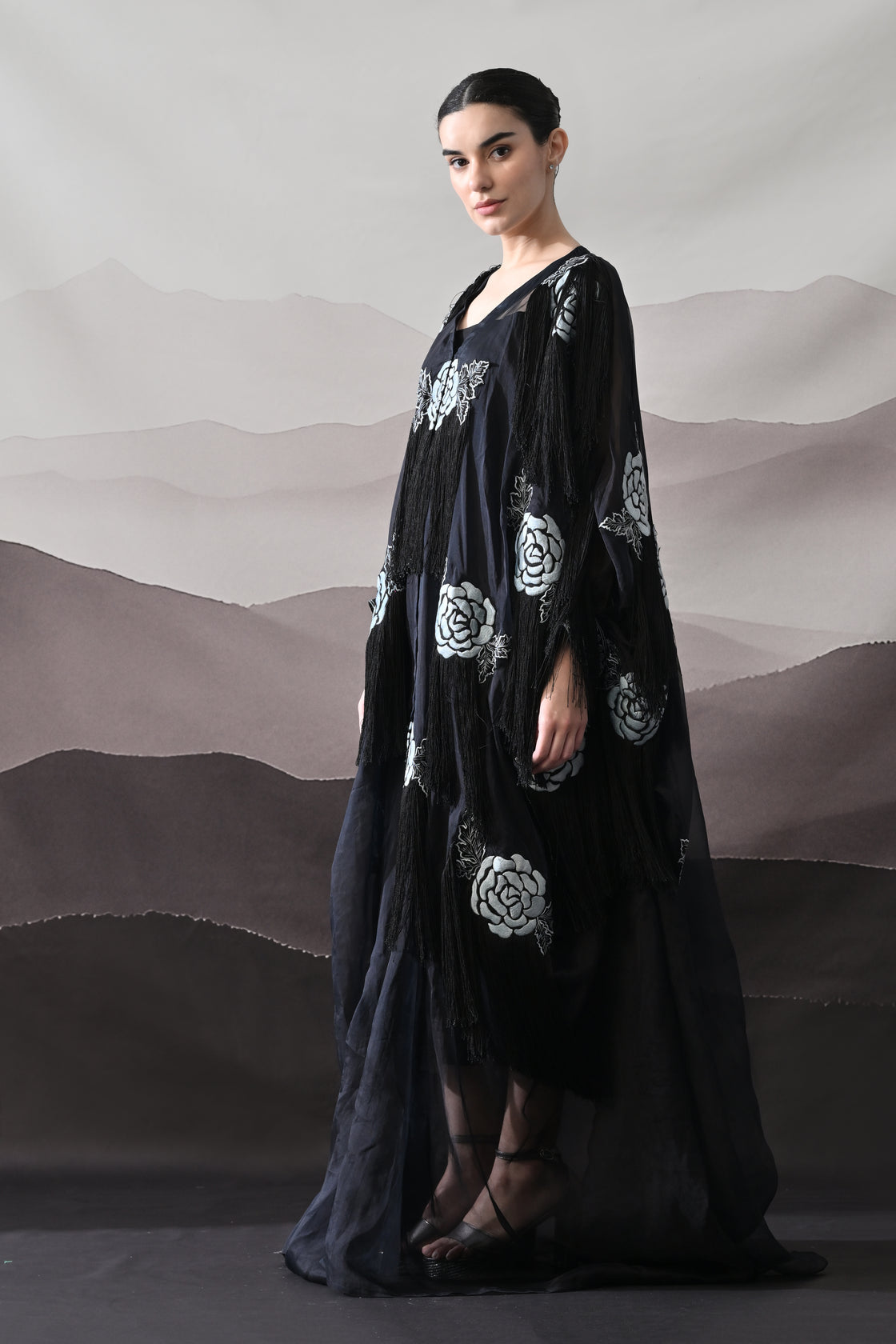 Black Kaftan with Hand-Embroidered Floral Motifs