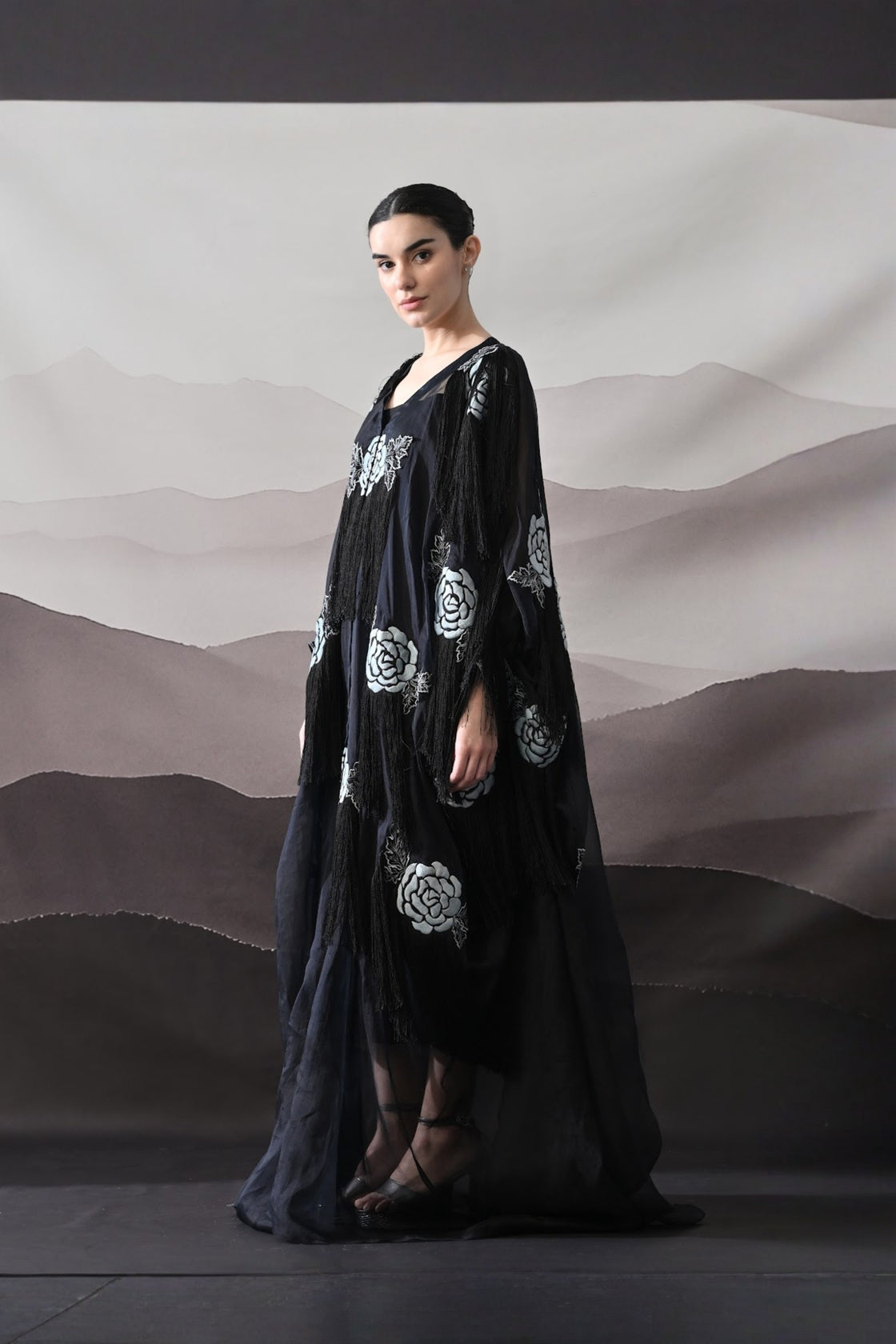 Black Kaftan With Hand-Embroidered Floral Motifs