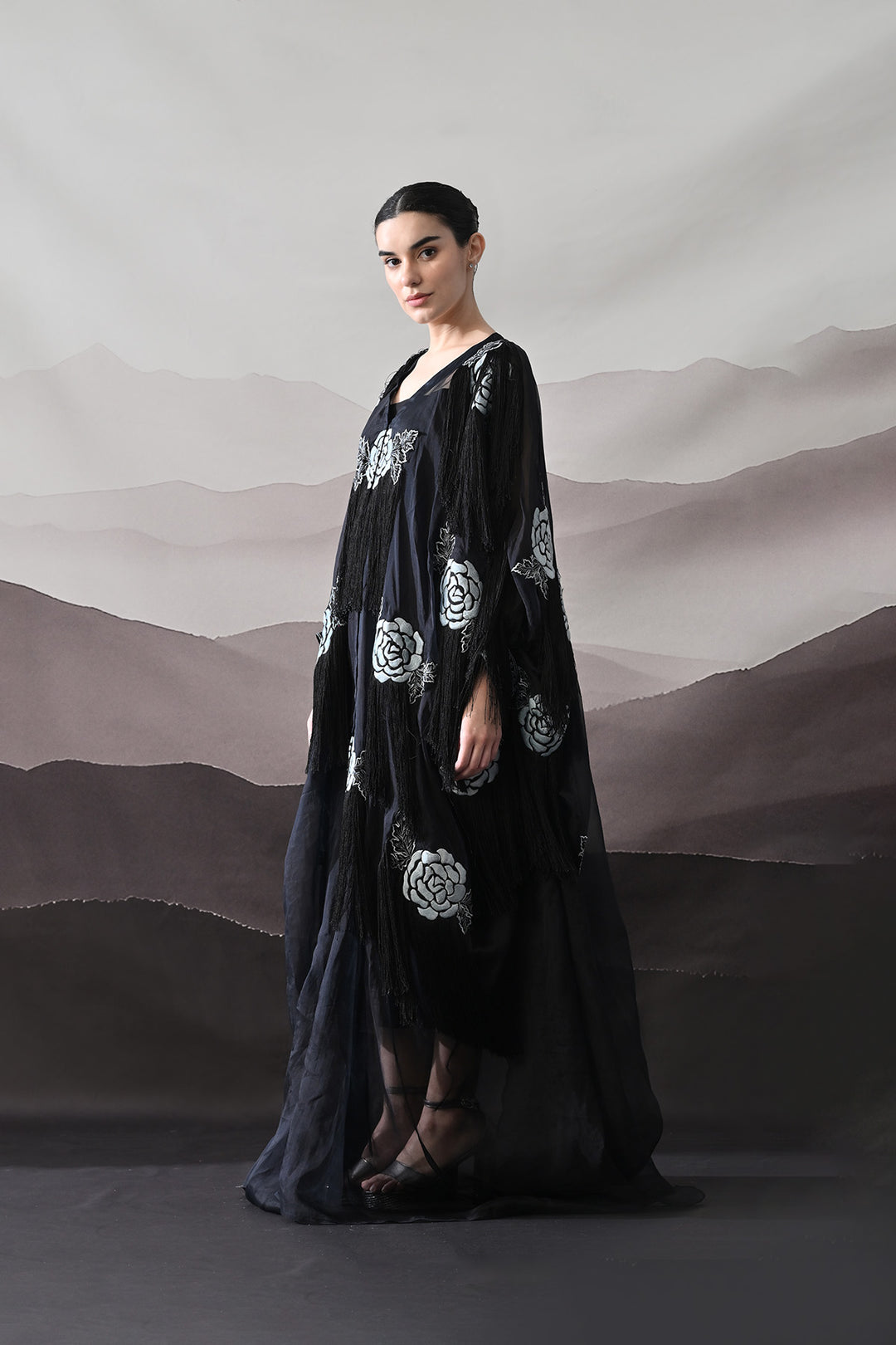 Black Kaftan With Hand-Embroidered Floral Motifs