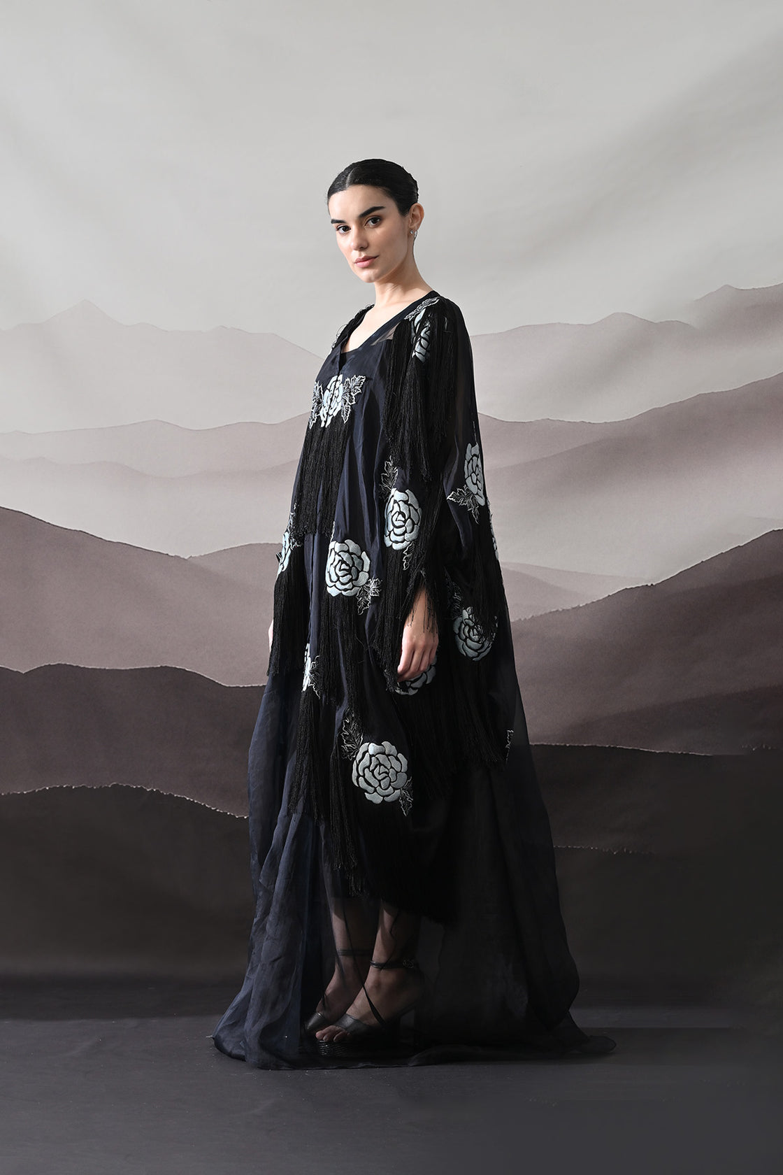 Black Kaftan With Hand-Embroidered Floral Motifs