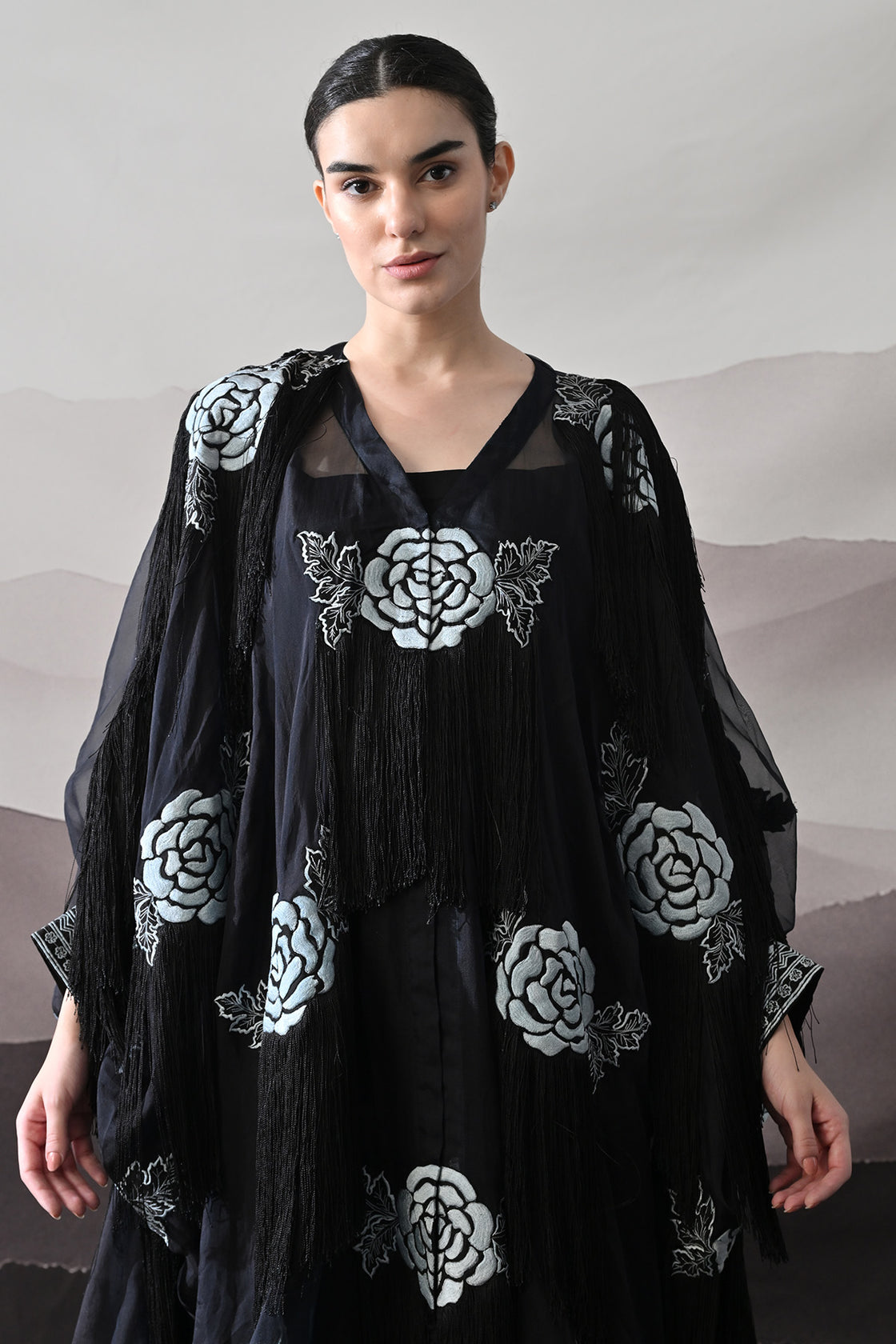 Black Kaftan With Hand-Embroidered Floral Motifs