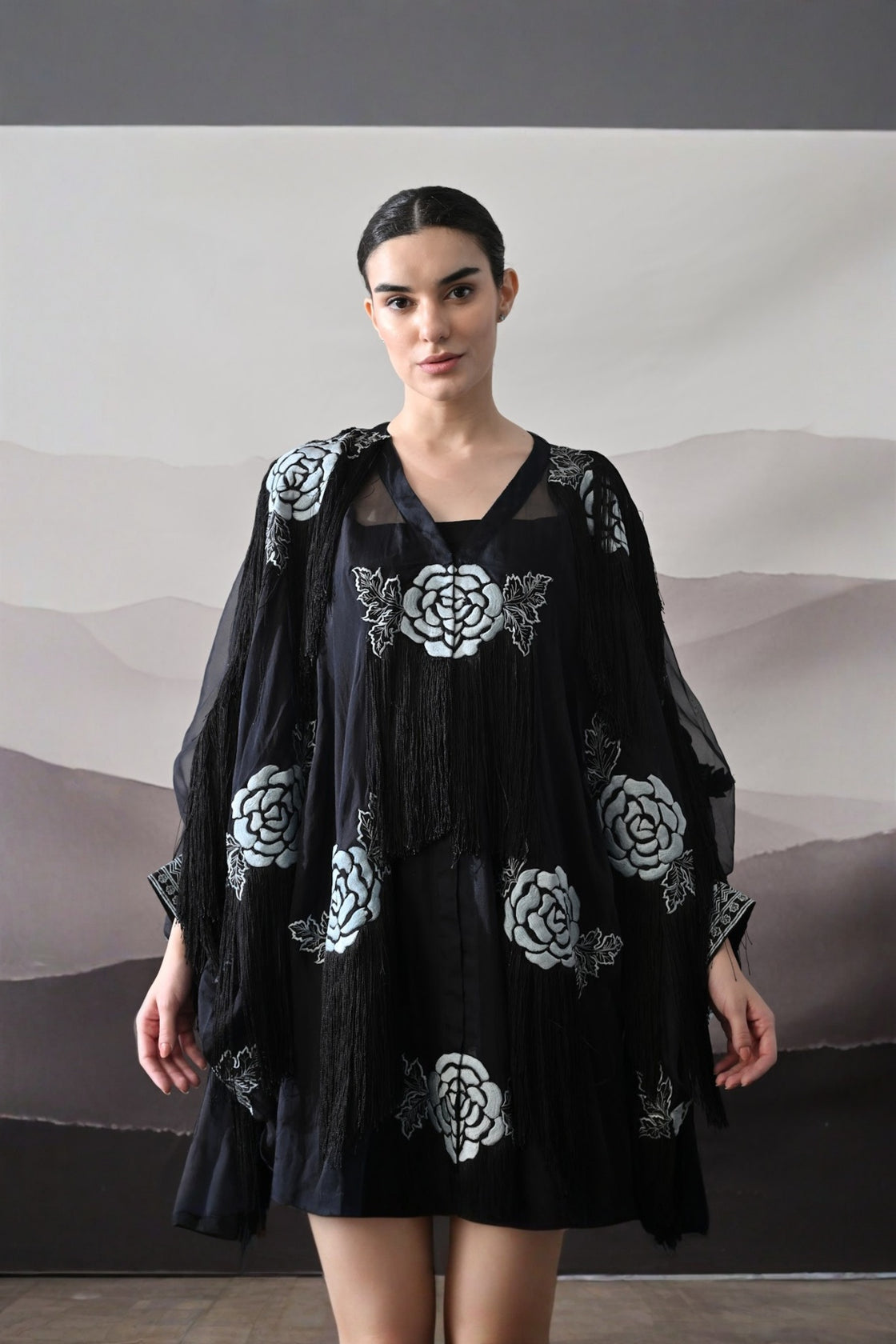 Black Kaftan With Hand-Embroidered Floral Motifs