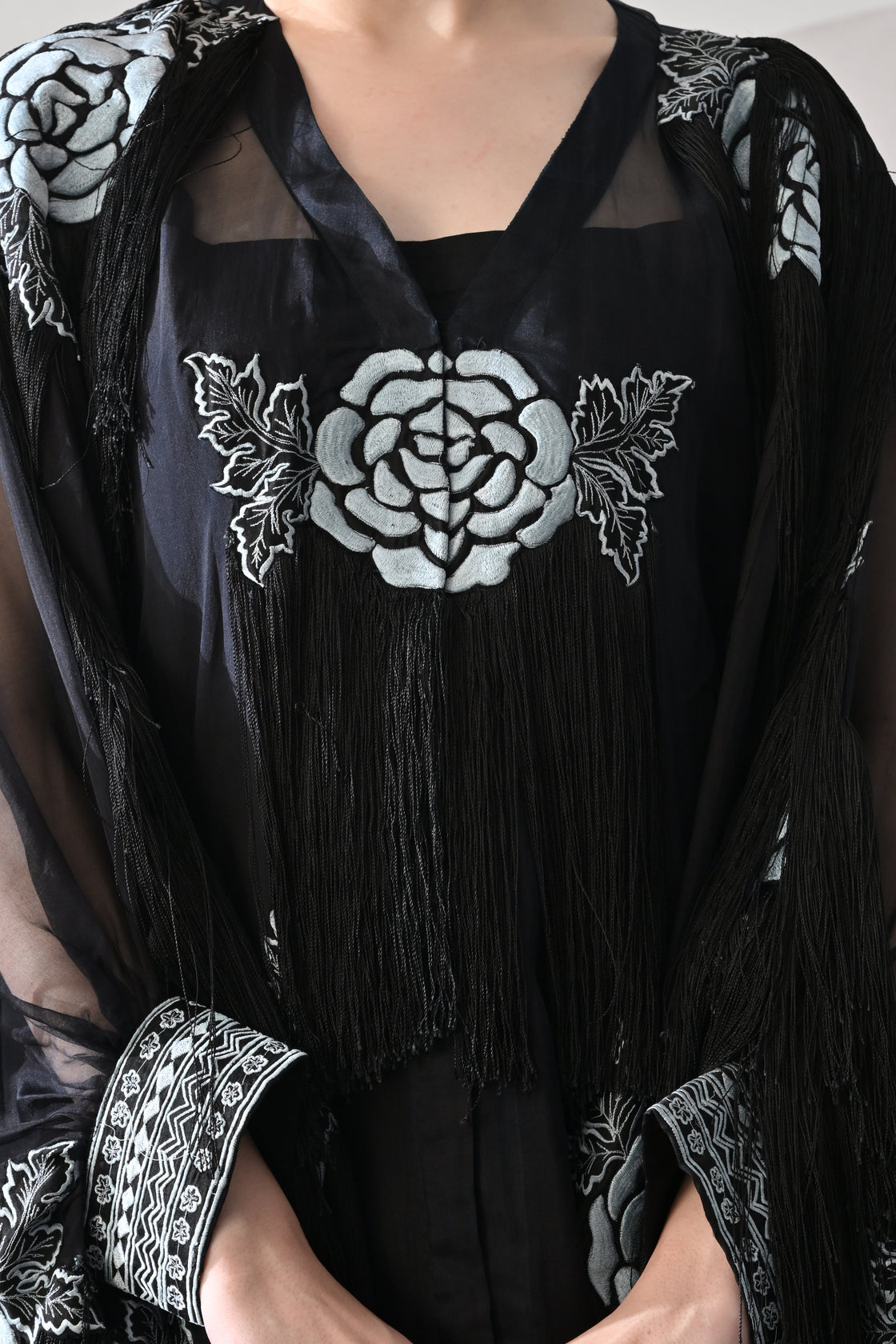 Black Kaftan with Hand-Embroidered Floral Motifs