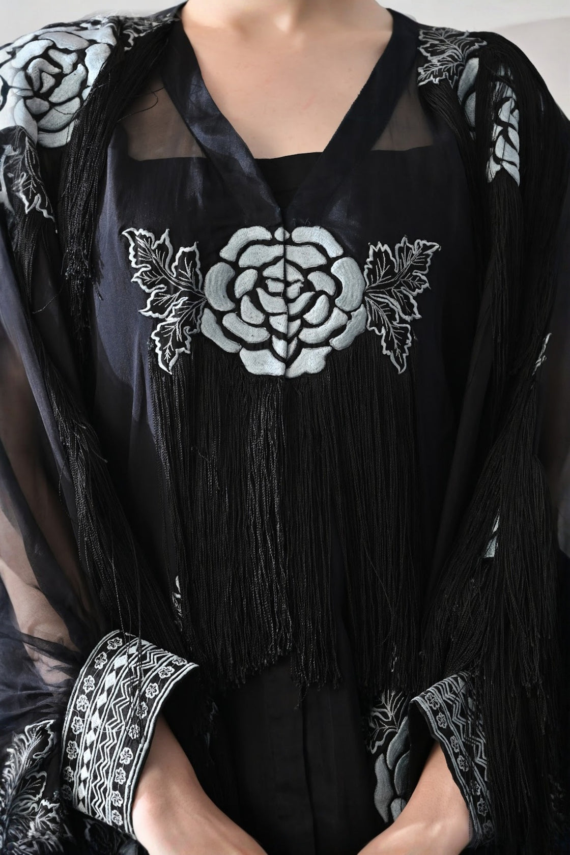 Black Kaftan With Hand-Embroidered Floral Motifs
