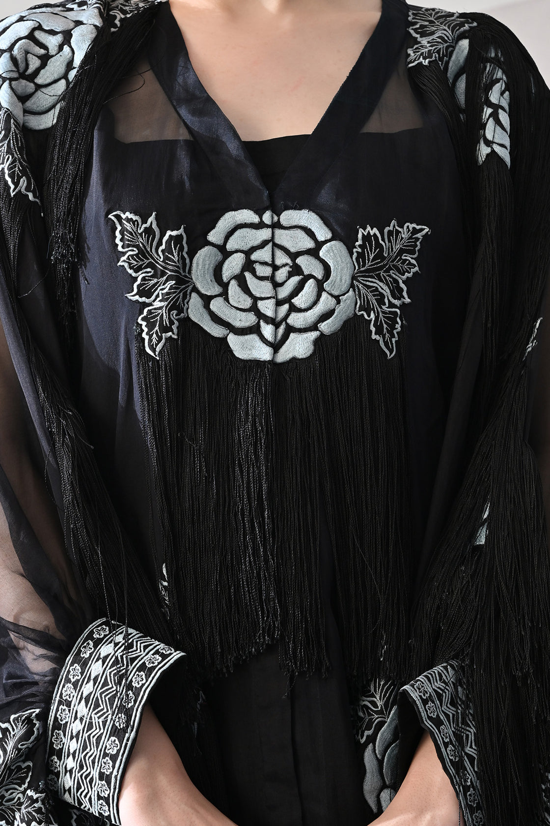 Black Kaftan With Hand-Embroidered Floral Motifs