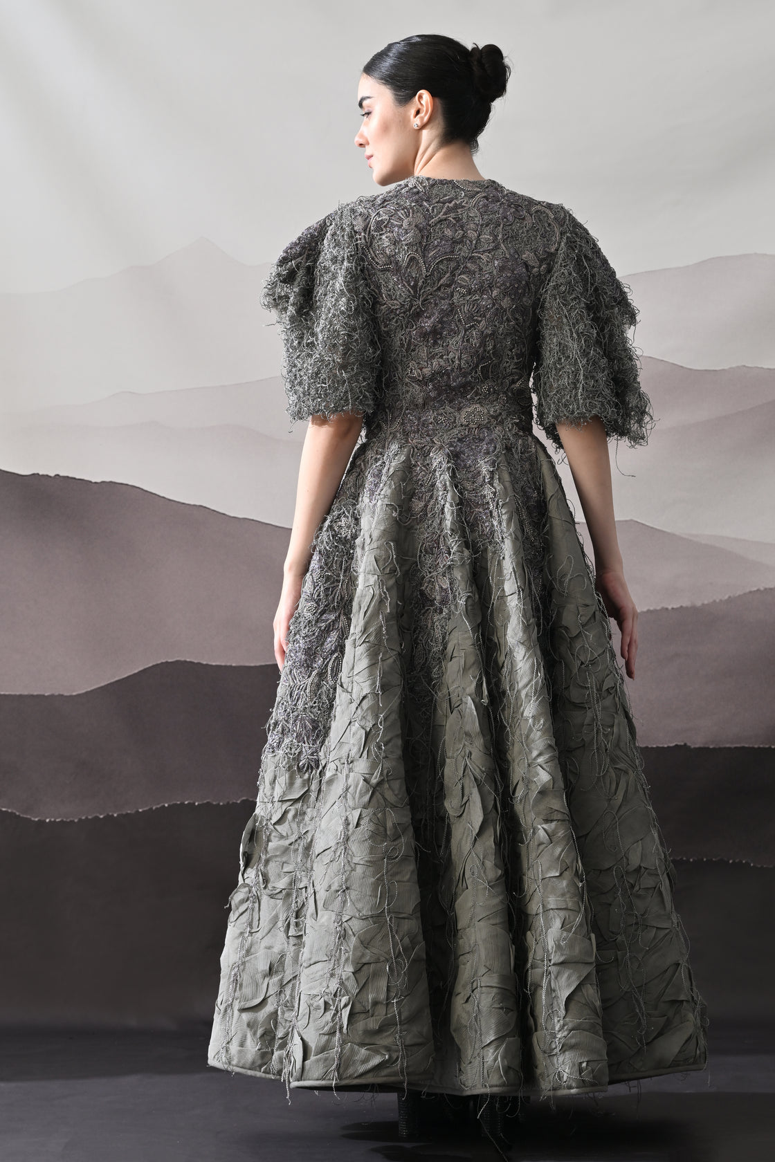 Grey Gown with Handworked Textural Embroidery and Crafted Volume
