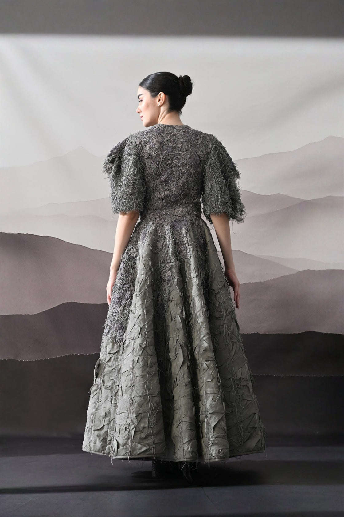 Grey Gown With Handworked Textural Embroidery And Crafted Volume