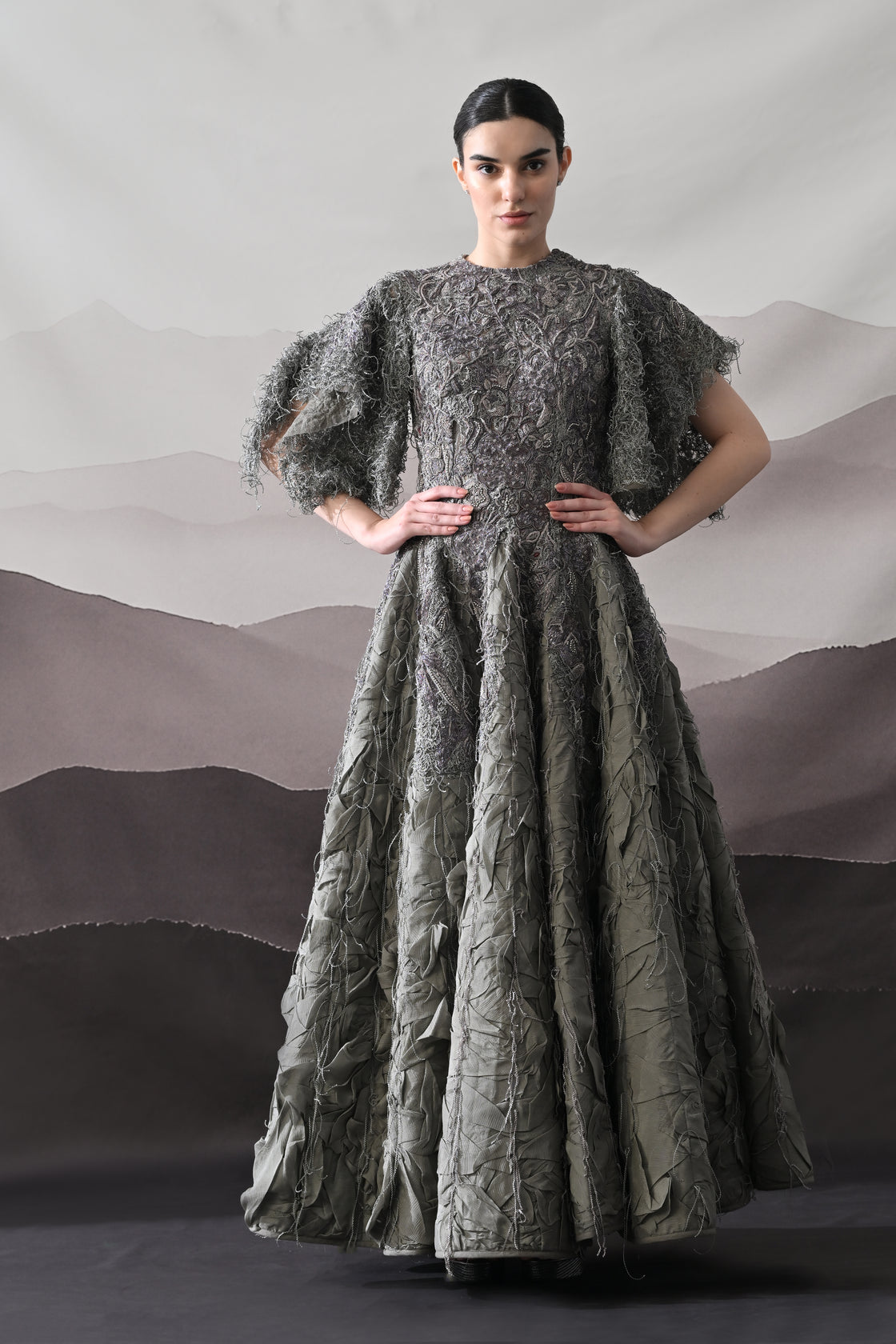 Grey Gown with Handworked Textural Embroidery and Crafted Volume