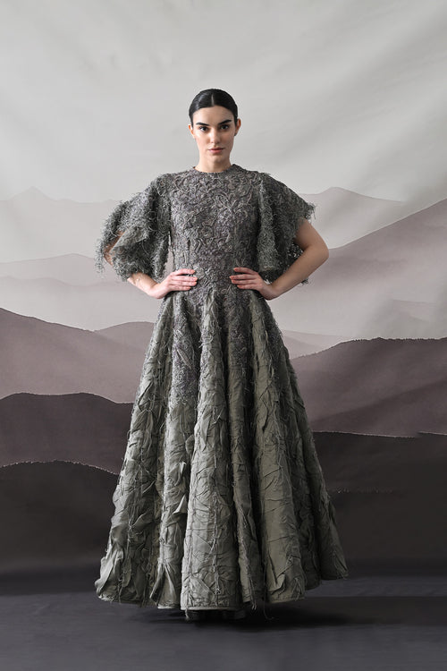 Grey Gown With Handworked Textural Embroidery And Crafted Volume