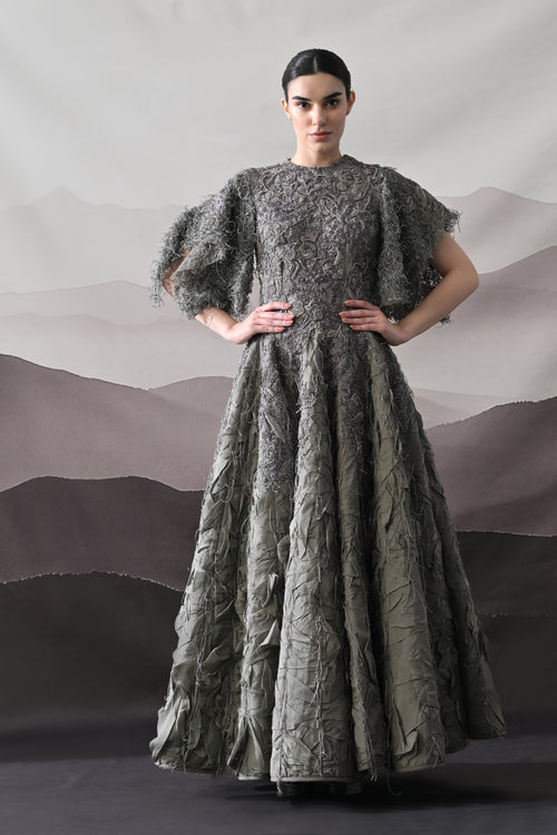 Grey Gown with Handworked Textural Embroidery and Crafted Volume