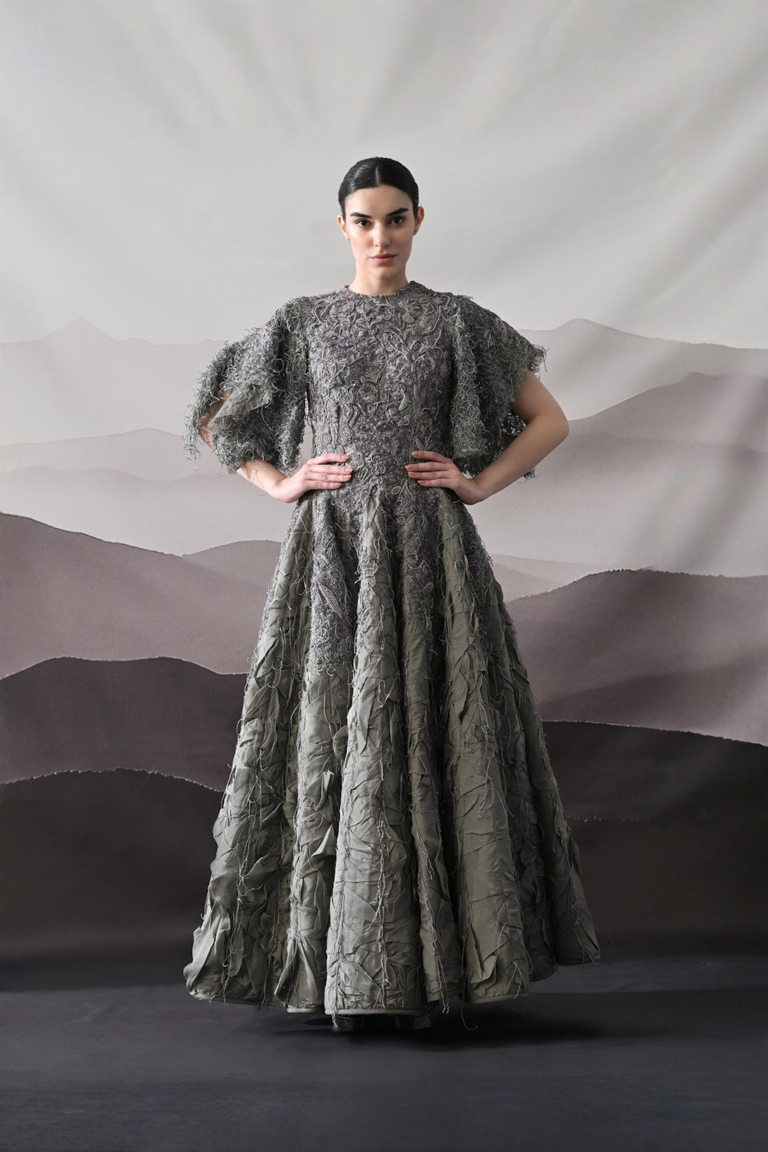 Grey Gown With Handworked Textural Embroidery And Crafted Volume