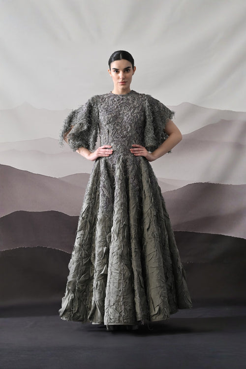 Grey Gown With Handworked Textural Embroidery And Crafted Volume