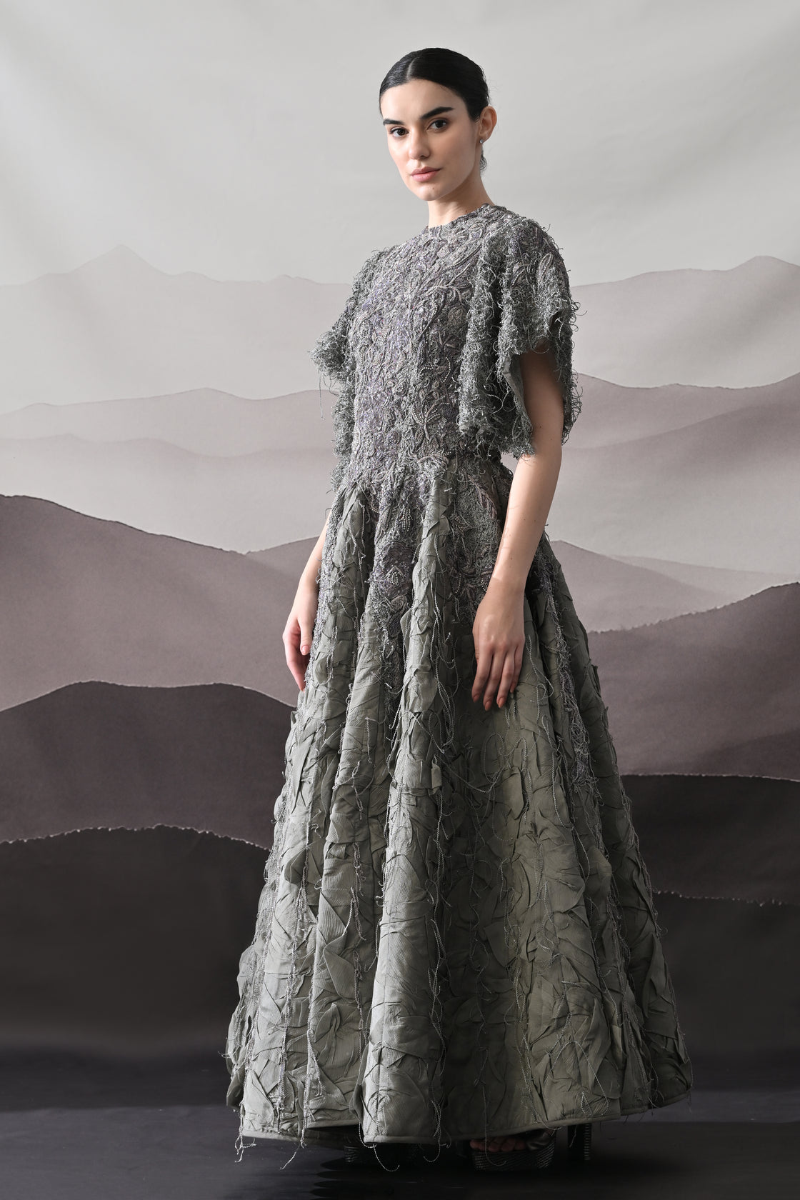 Grey Gown with Handworked Textural Embroidery and Crafted Volume