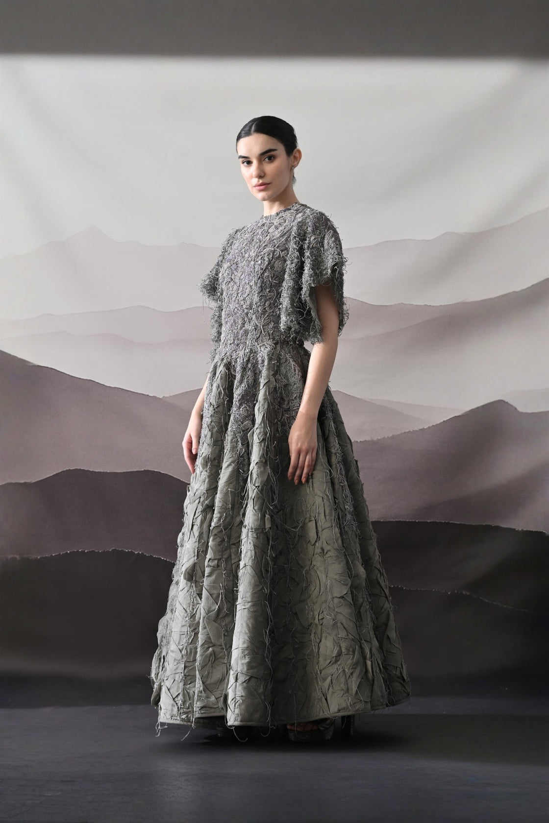 Grey Gown With Handworked Textural Embroidery And Crafted Volume