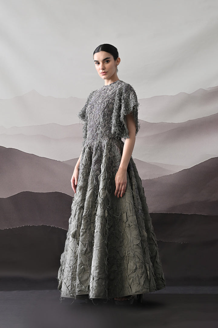 Grey Gown With Handworked Textural Embroidery And Crafted Volume