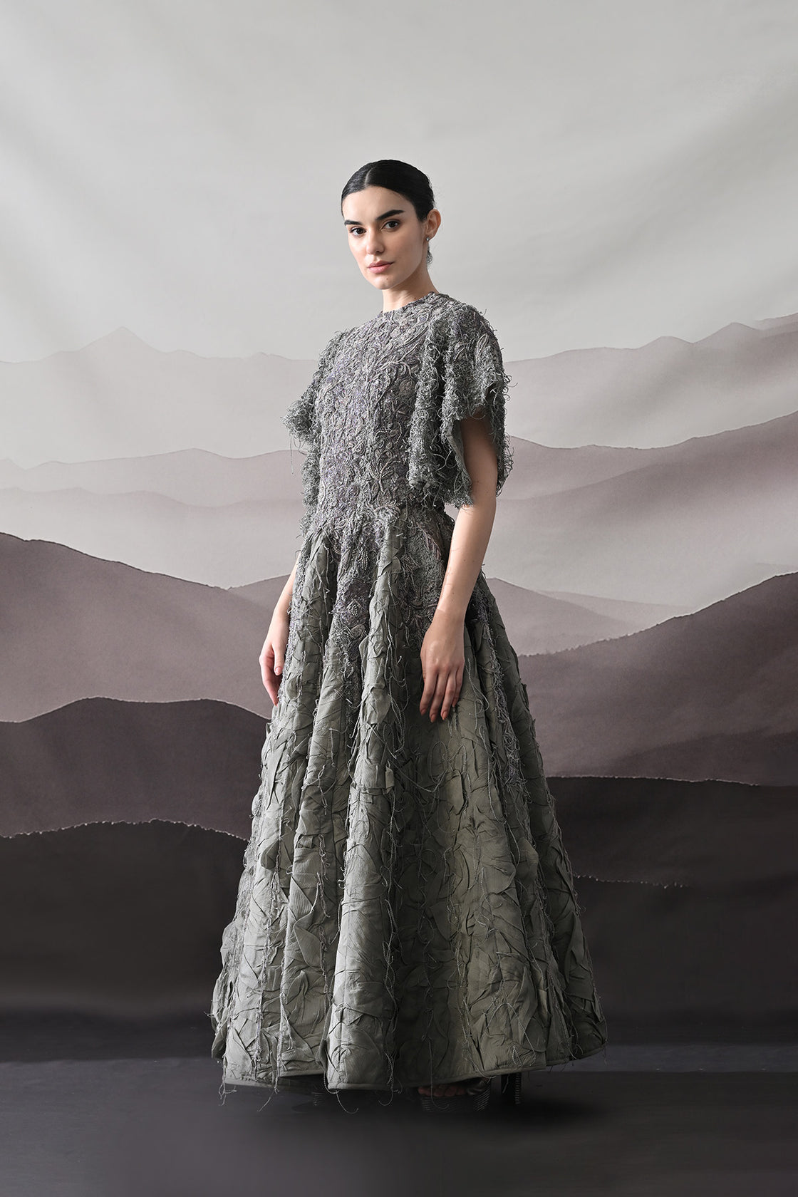 Grey Gown With Handworked Textural Embroidery And Crafted Volume