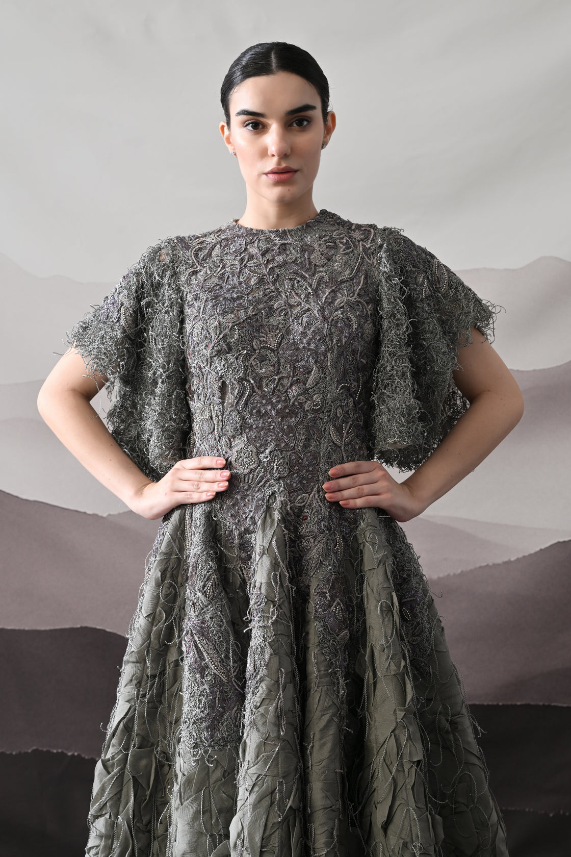 Grey Gown with Handworked Textural Embroidery and Crafted Volume
