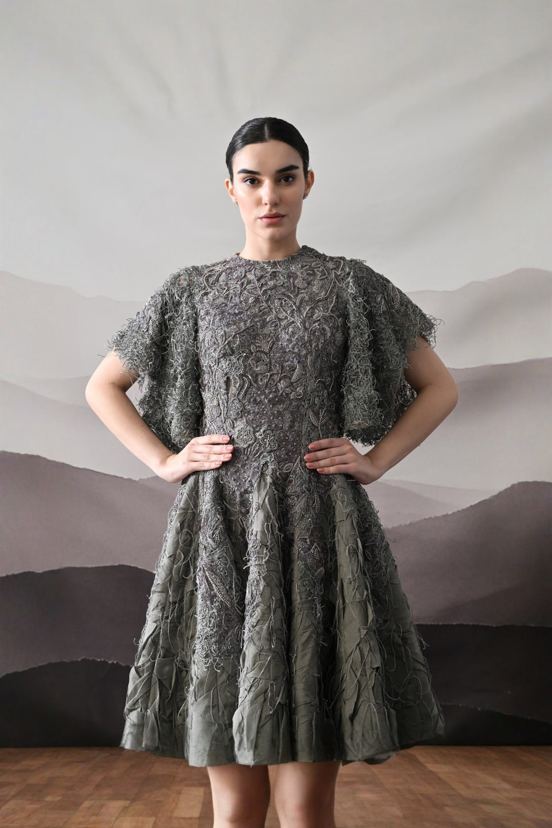 Grey Gown With Handworked Textural Embroidery And Crafted Volume