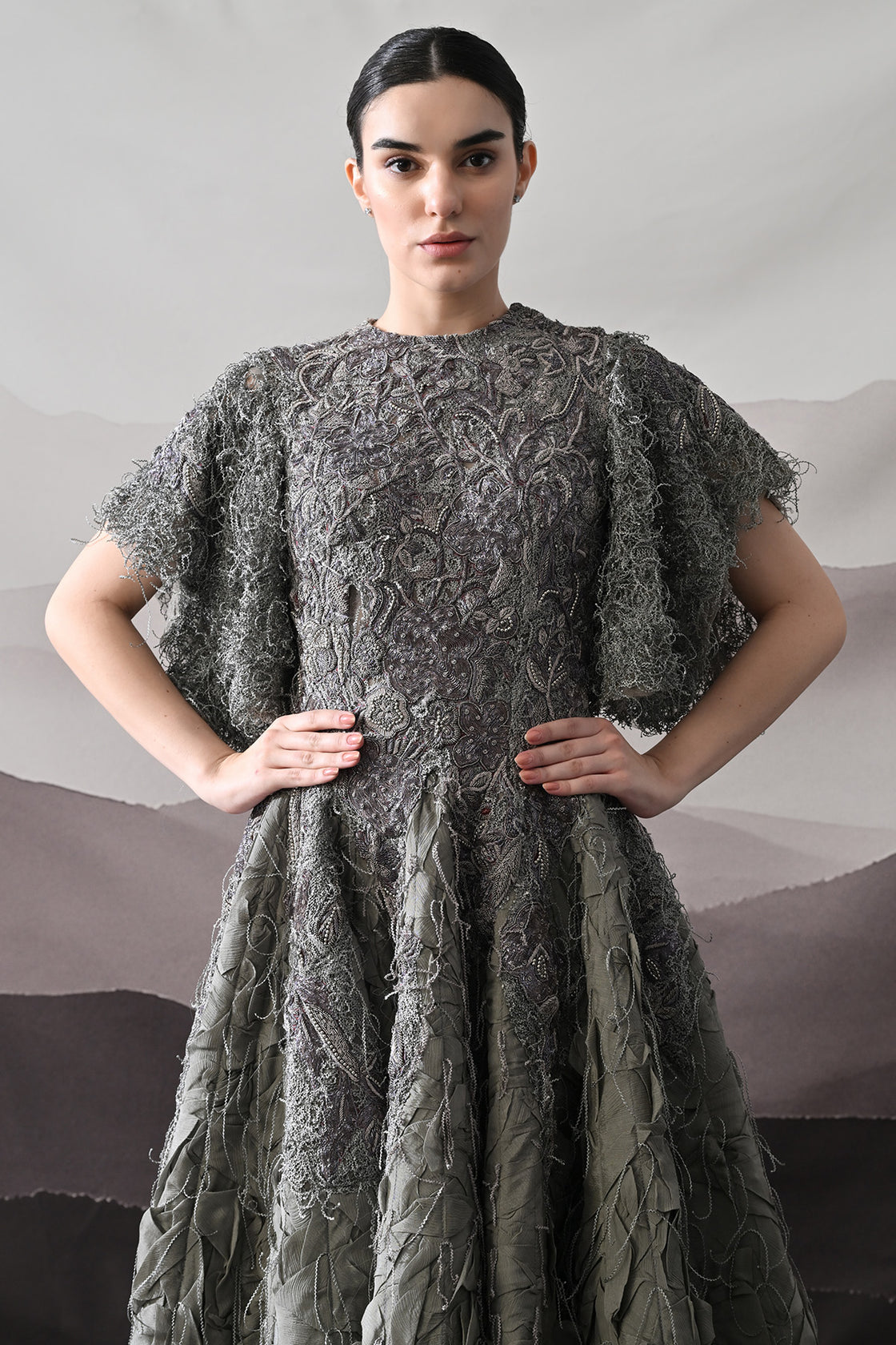 Grey Gown With Handworked Textural Embroidery And Crafted Volume