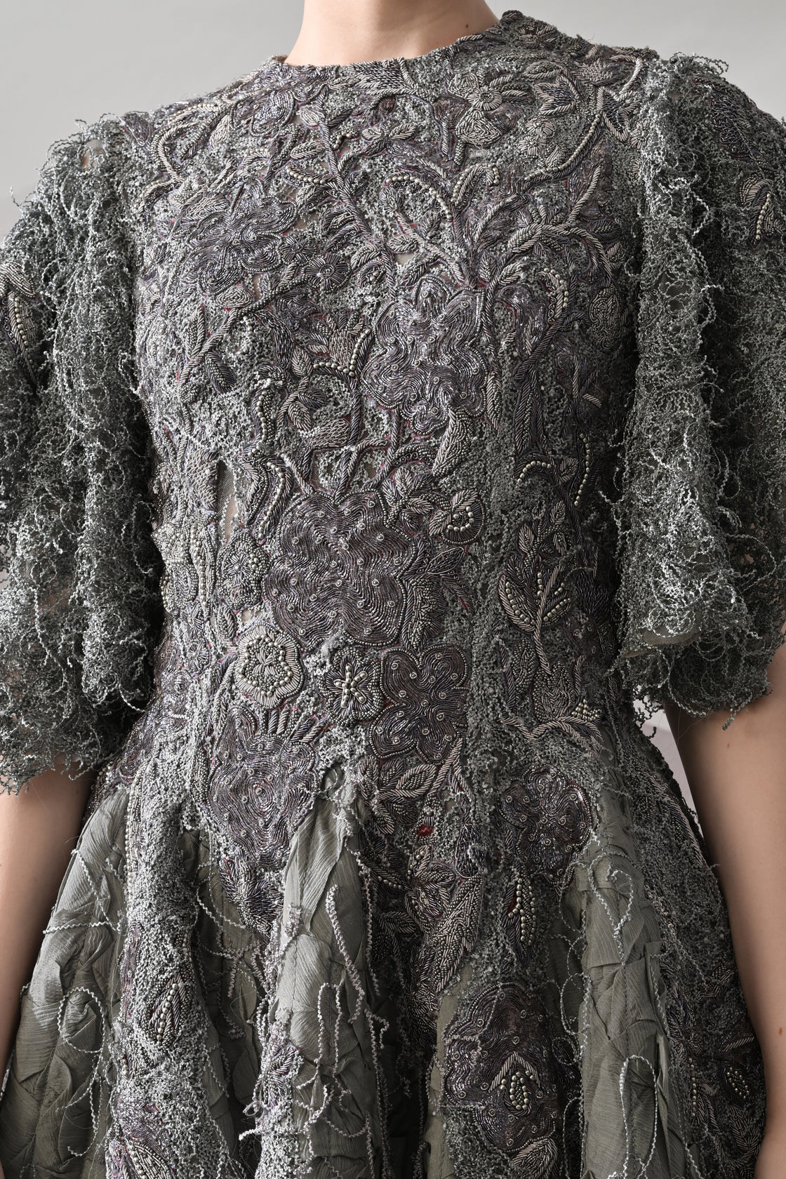 Grey Gown with Handworked Textural Embroidery and Crafted Volume