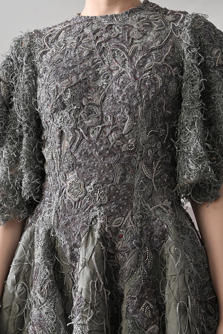 Grey Gown With Handworked Textural Embroidery And Crafted Volume