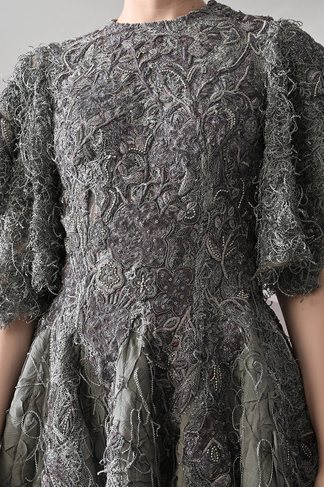 Grey Gown With Handworked Textural Embroidery And Crafted Volume