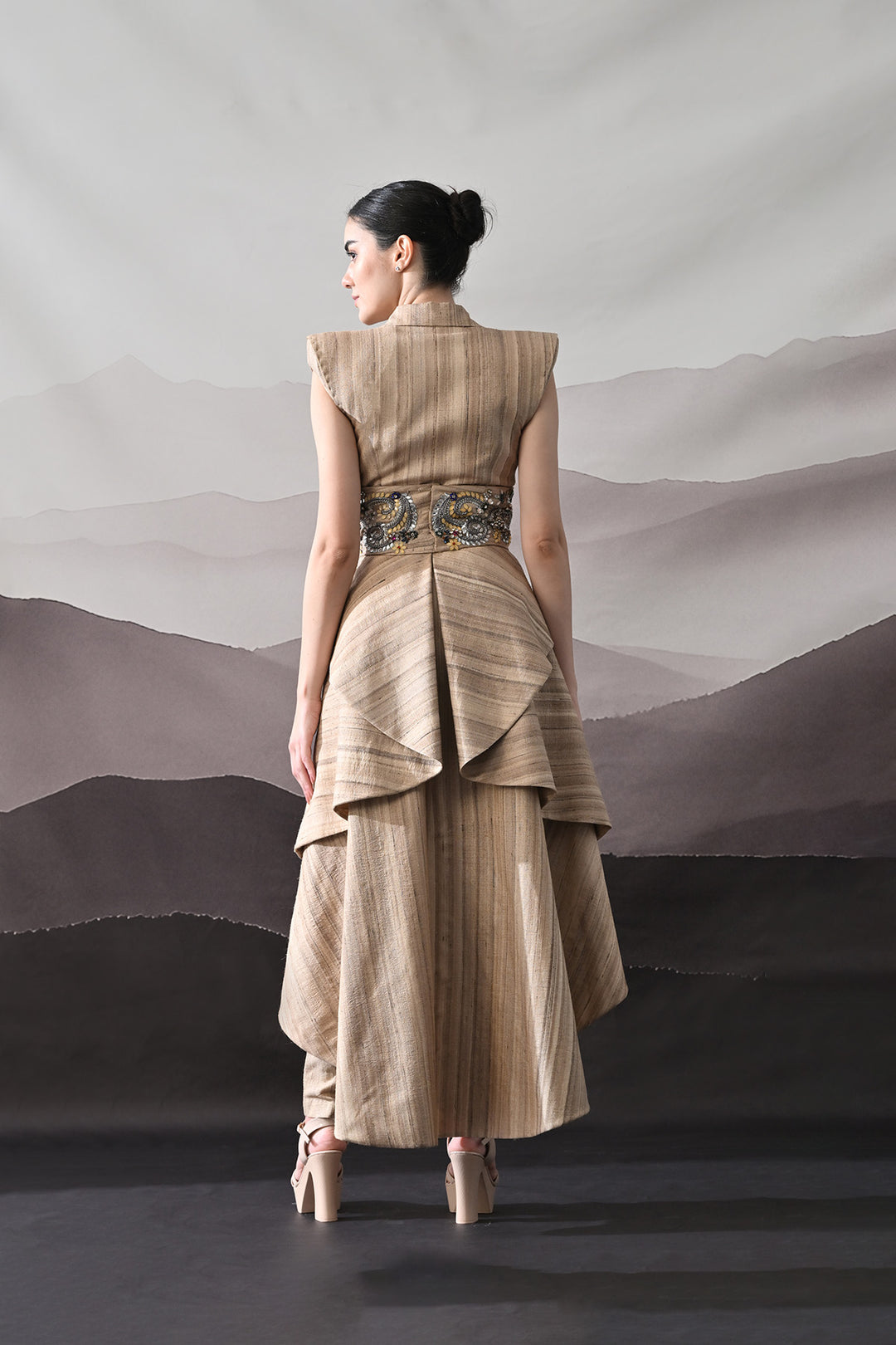 Beige Ensemble With Layered Construction And Embroidered Waist High Low Top With Straight Pants