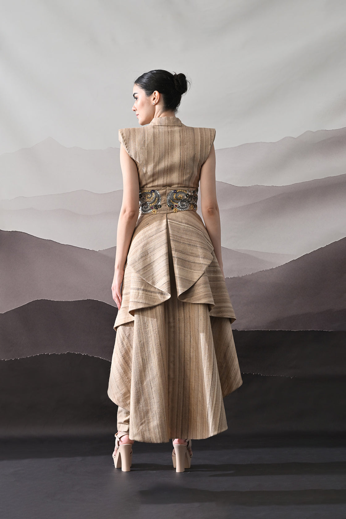 Beige Ensemble With Layered Construction And Embroidered Waist High Low Top With Straight Pants