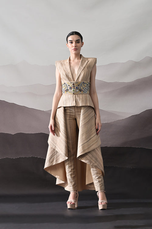 Beige Ensemble With Layered Construction And Embroidered Waist High Low Top With Straight Pants