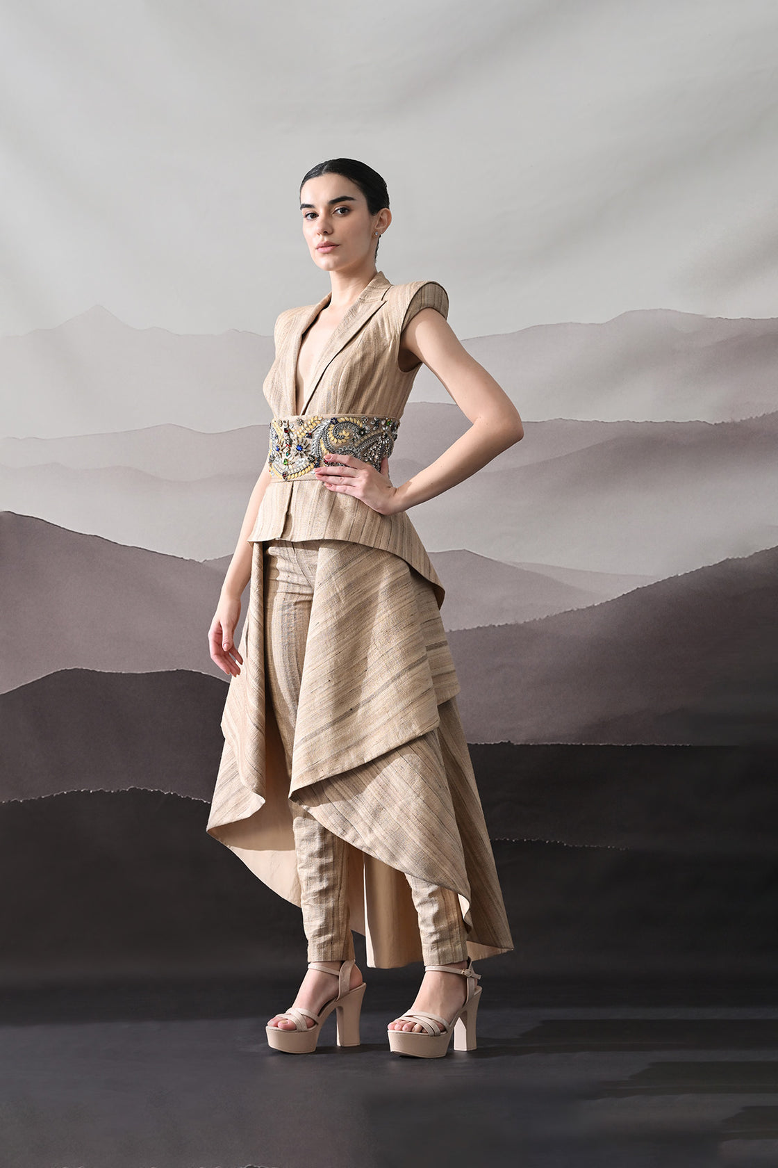 Beige Ensemble With Layered Construction And Embroidered Waist High Low Top With Straight Pants