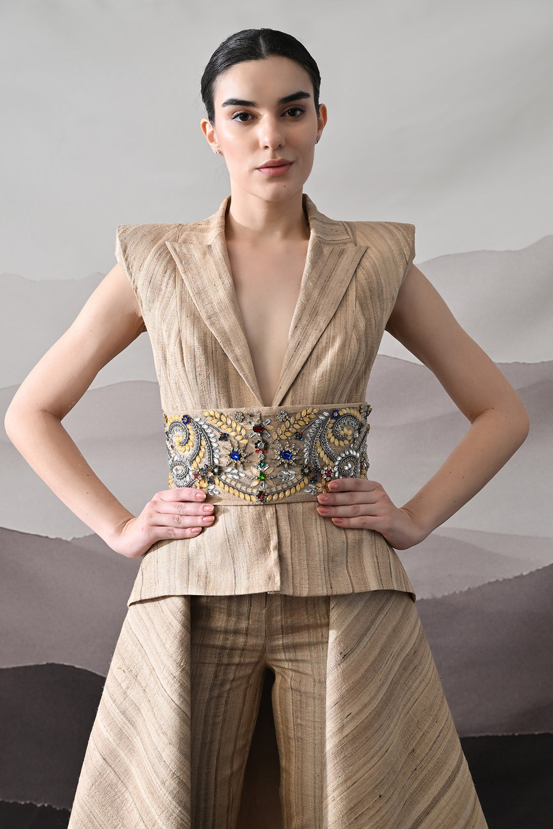 Beige Ensemble With Layered Construction And Embroidered Waist High Low Top With Straight Pants
