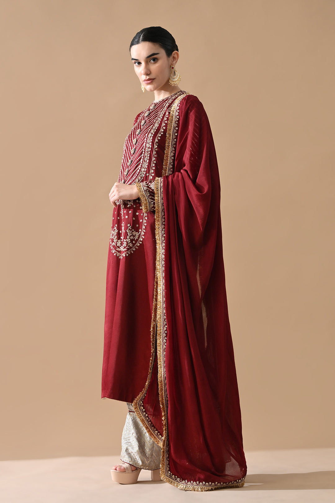 Soft Maroon Fine Embroidered Kurta Set