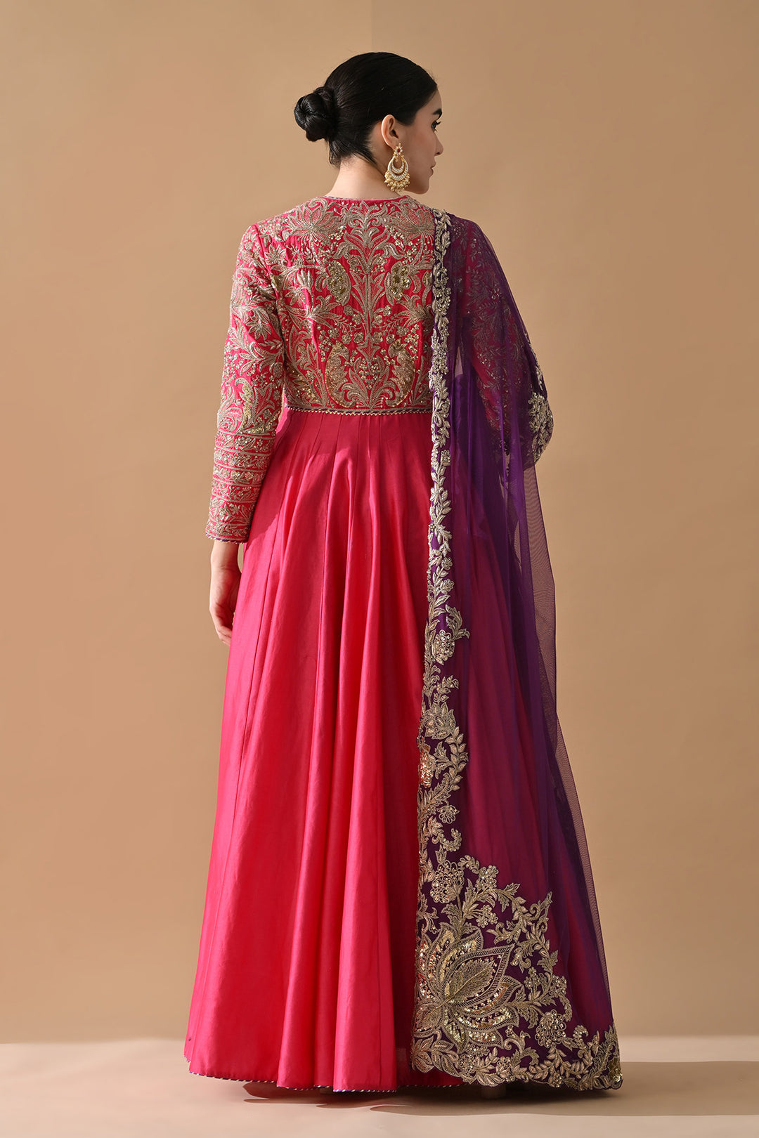 Rani Pink Zari Embroidered Anarkali with Contrast Dupatta