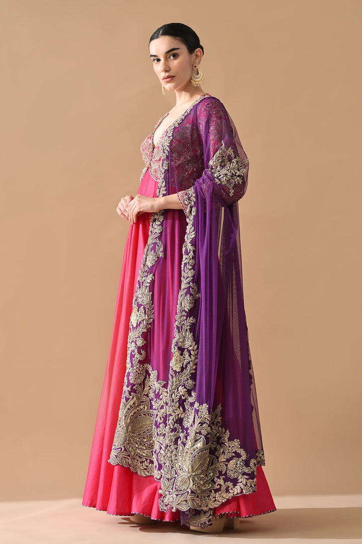 Rani Pink Zari Embroidered Anarkali with Contrast Dupatta